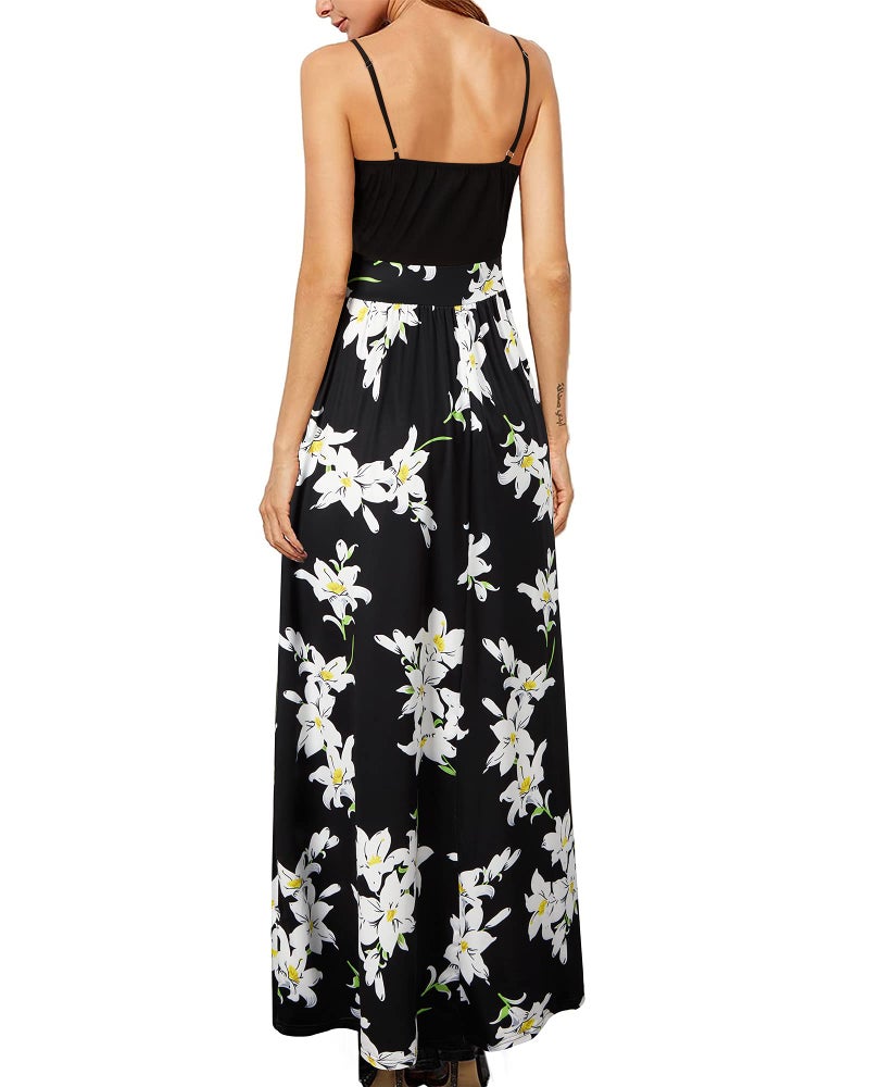 Newshows Womens' Clothing Spring Easter 2025 V Neck Spaghetti Strap Resort Wear Casual Long Flowy Beach Maxi Dress Trendy 2025 (Black Floral Lily, L) - Image 4