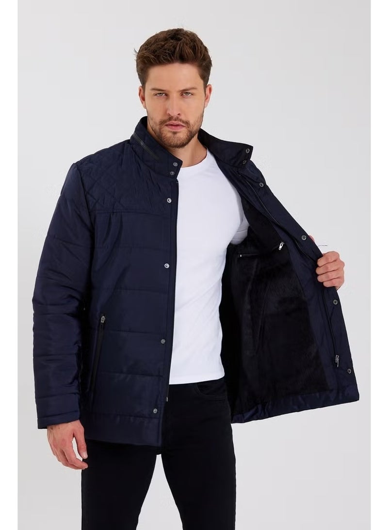 Sivaist Men's Navy Blue Regular Fur Inside Pocket Washable Regular Quilted Jacket & Coat - Image 3