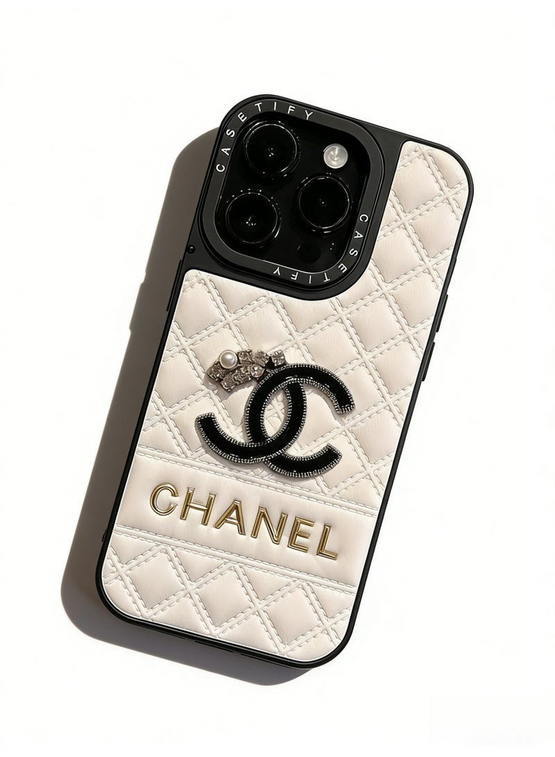 CHANEDE CHANEL Luxury Quilted White Leather Phone Case with Gold Lettering & Crystal-Pearl Accent - Premium Protective Cover for iPhone 16/16 Pro Max/17/17 Pro Max - Image 2
