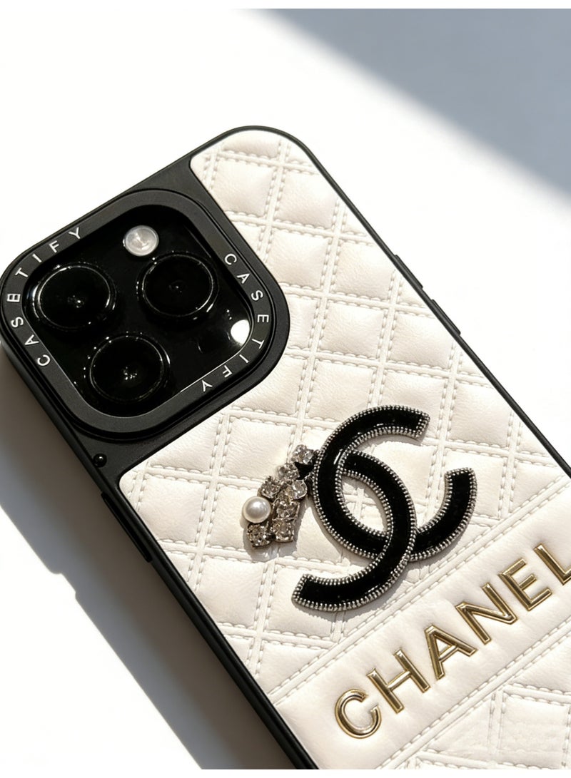 CHANEDE CHANEL Luxury Quilted White Leather Phone Case with Gold Lettering & Crystal-Pearl Accent - Premium Protective Cover for iPhone 16/16 Pro Max/17/17 Pro Max - Image 5