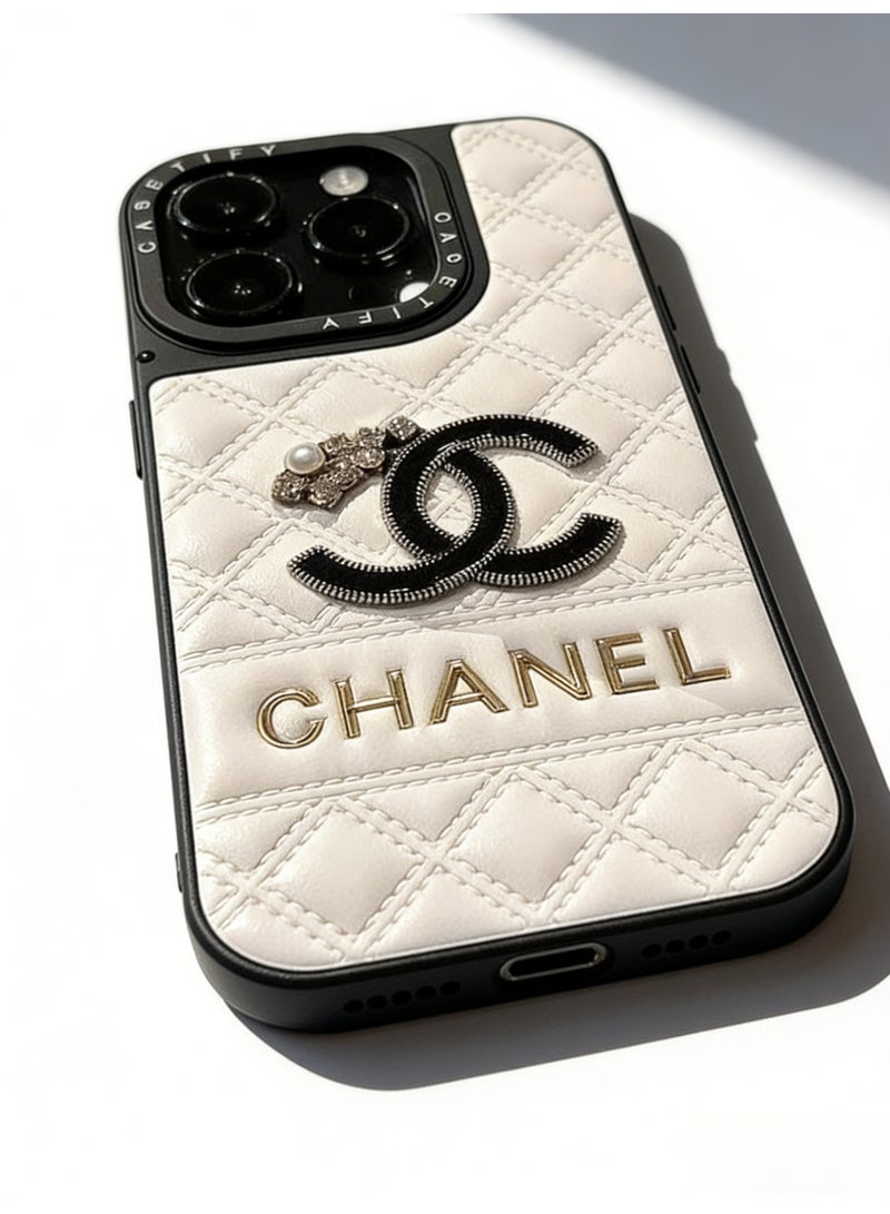 CHANEDE CHANEL Luxury Quilted White Leather Phone Case with Gold Lettering & Crystal-Pearl Accent - Premium Protective Cover for iPhone 16/16 Pro Max/17/17 Pro Max - Image 4