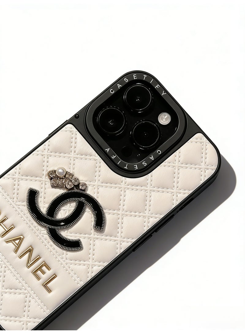 CHANEDE CHANEL Luxury Quilted White Leather Phone Case with Gold Lettering & Crystal-Pearl Accent - Premium Protective Cover for iPhone 16/16 Pro Max/17/17 Pro Max - Image 3