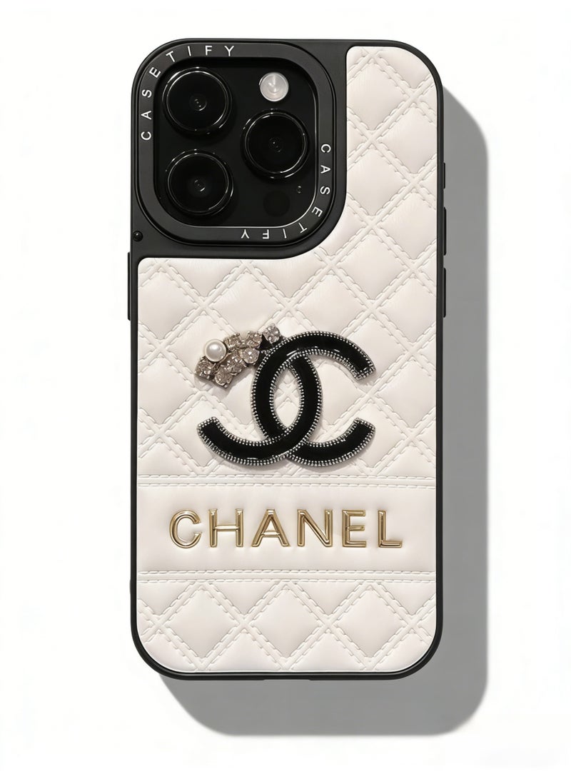 CHANEDE CHANEL Luxury Quilted White Leather Phone Case with Gold Lettering & Crystal-Pearl Accent - Premium Protective Cover for iPhone 16/16 Pro Max/17/17 Pro Max - Image 1