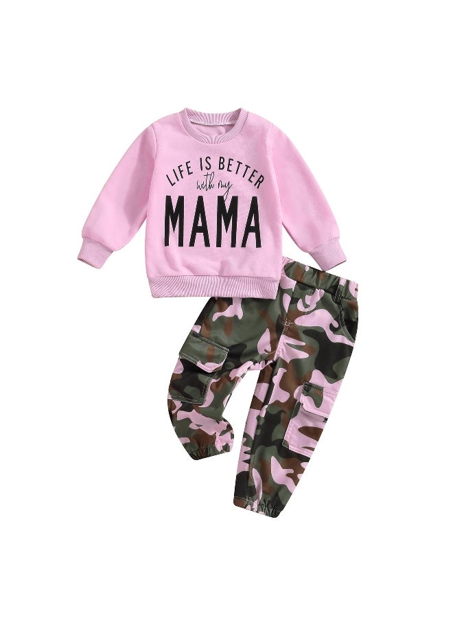 Baby Girl 2Pcs Fall Outfits Long Sleeve Letter Print Sweatshirt + Camouflage Pants Set Toddler Clothes