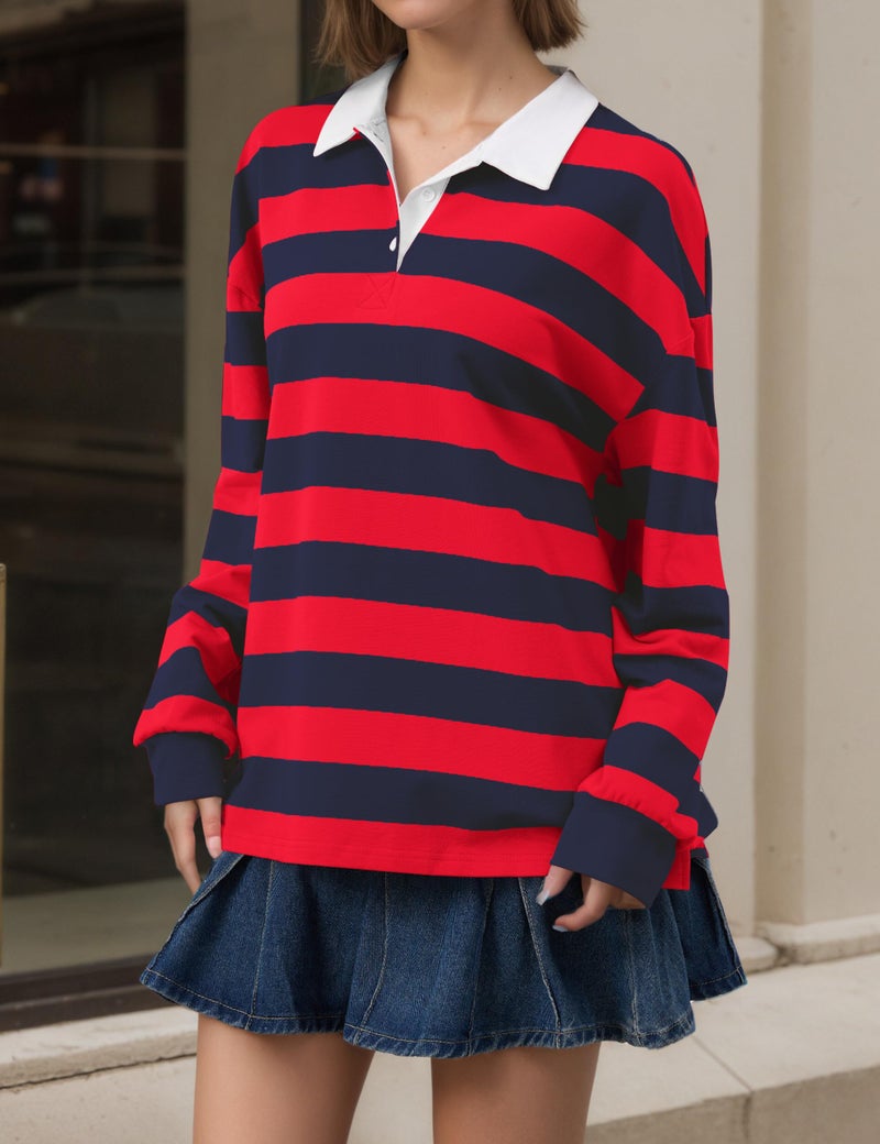 Meladyan Womens Striped Polo Sweatshirt Oversized Long Sleeve Lapel V Neck Pullover Shirt Loose Fit Collar Y2K Streetwear Blouses Red-Blue - Image 2