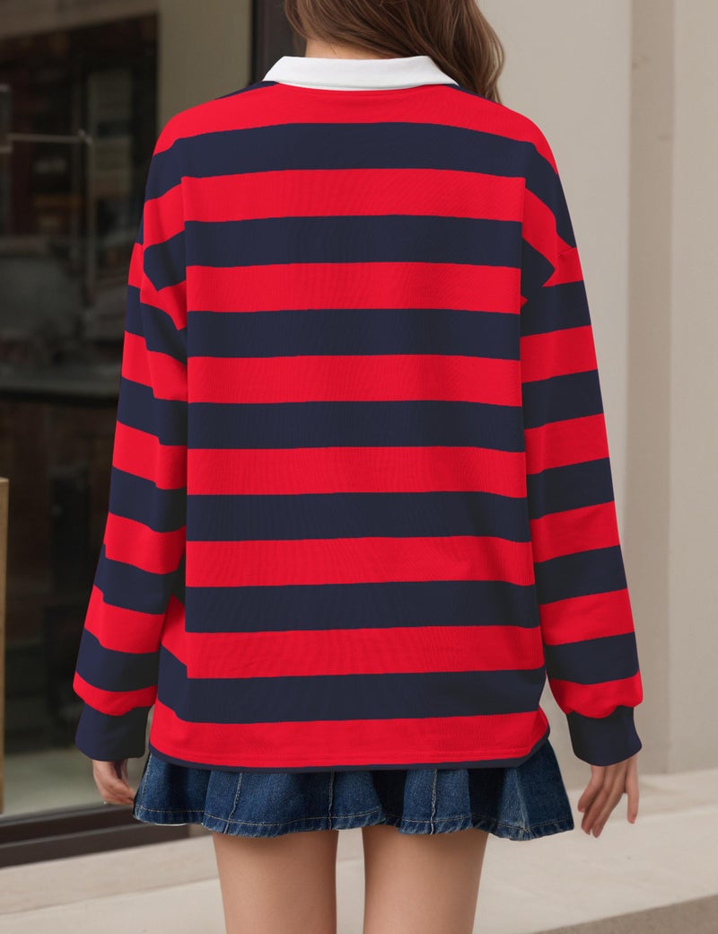 Meladyan Womens Striped Polo Sweatshirt Oversized Long Sleeve Lapel V Neck Pullover Shirt Loose Fit Collar Y2K Streetwear Blouses Red-Blue - Image 4