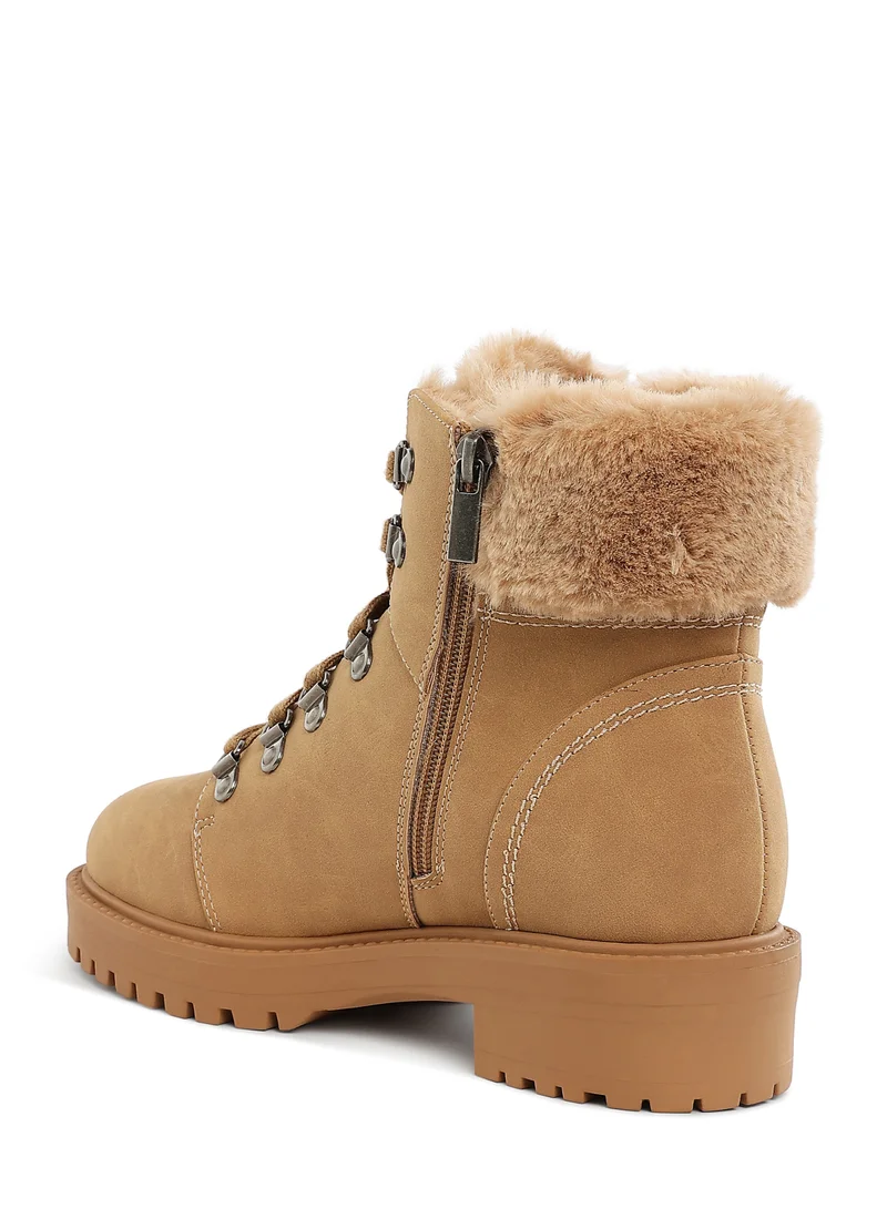 London Rag Faux Fur Collar Ankle Boots in  Beige