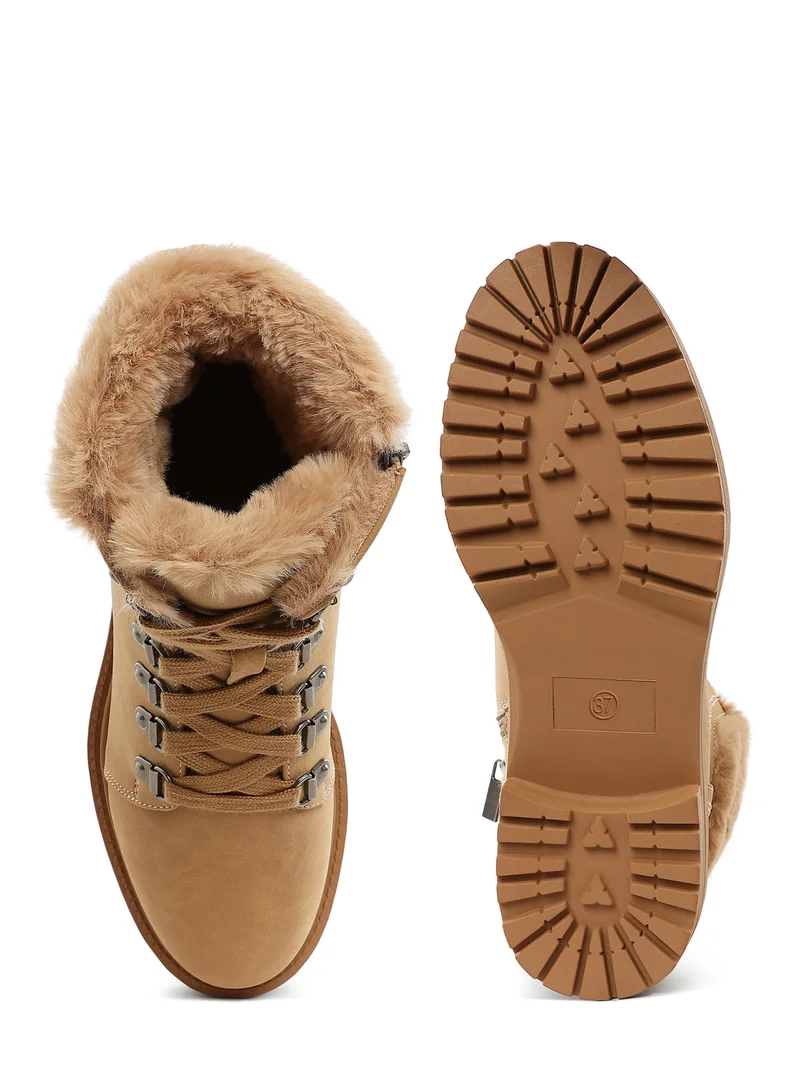 London Rag Faux Fur Collar Ankle Boots in  Beige