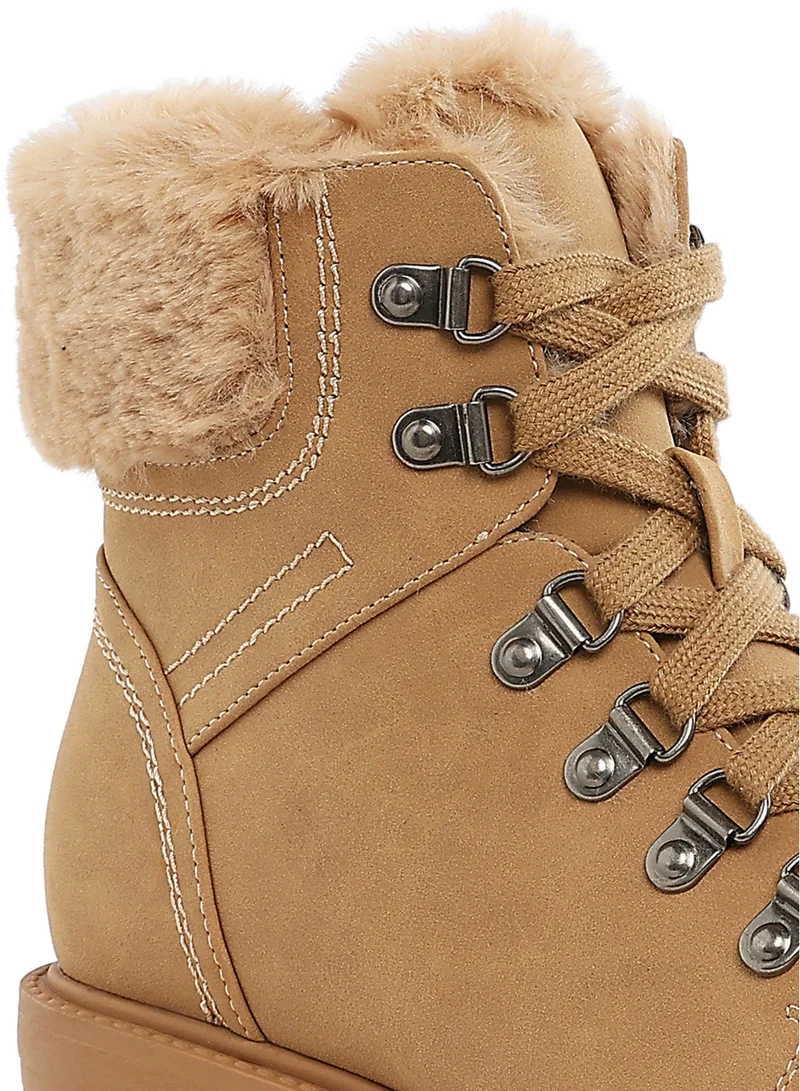 London Rag Faux Fur Collar Ankle Boots in  Beige