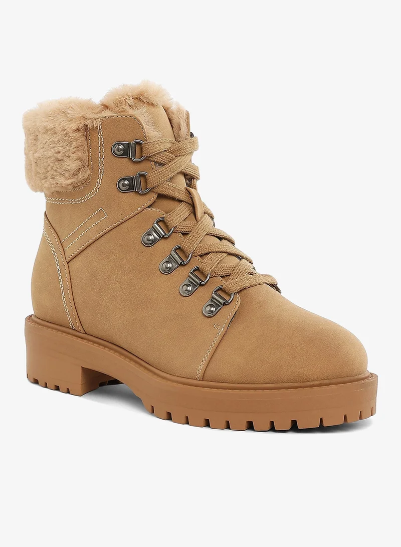 London Rag Faux Fur Collar Ankle Boots in  Beige