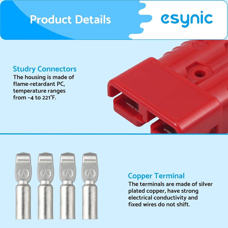 eSynic 2Pcs Battery Connector for 175Amp Anderson Connector Kit 175A Quick Connect Plug 600V Jumper Cables Connector with Handle and Anderson Plug Cover for Camper Car Recovery Winch Trailer (Red) - Image 3