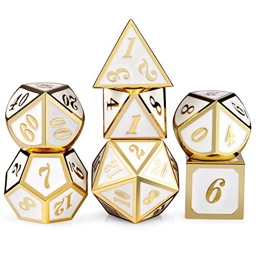 DnDnD White with Gold Number DND Dice SetsSolid Metal Die with Free Gorgeous Metal Tin for Dungeons and Dragons DD Role Playing Game Tabletop Games - Image 1
