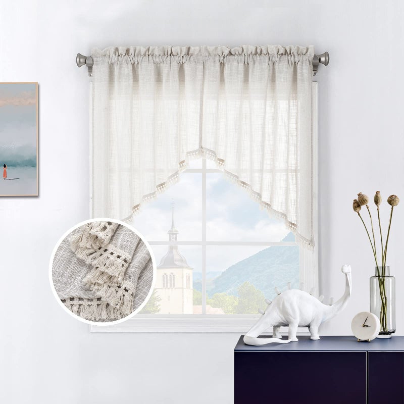 BD BEDA HOME Beda Home شرابة الكتان المحكم ستارة غنيمة الستار المطبخ مزارع المطبخ. تصفية الضوء الريفية القصيرة الغنيمة القصيرة لخصوصية غرفة نوم ونوافذ صغيرة تمت إضافة تصميم جيب قضيب (Nature 36x36-2pcs) - Image 1