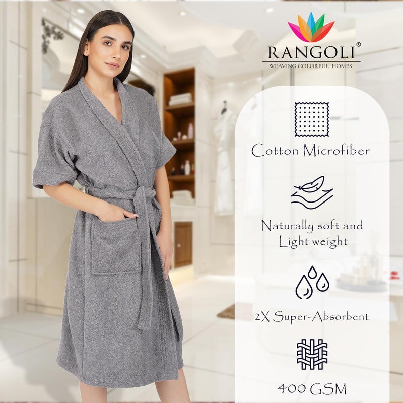 Rangoli Noble Cotton Microfibre Premium Bathrobe for Women - 400 GSM Ultra-Soft & Lightweight Grey Bath Gown - Image 2