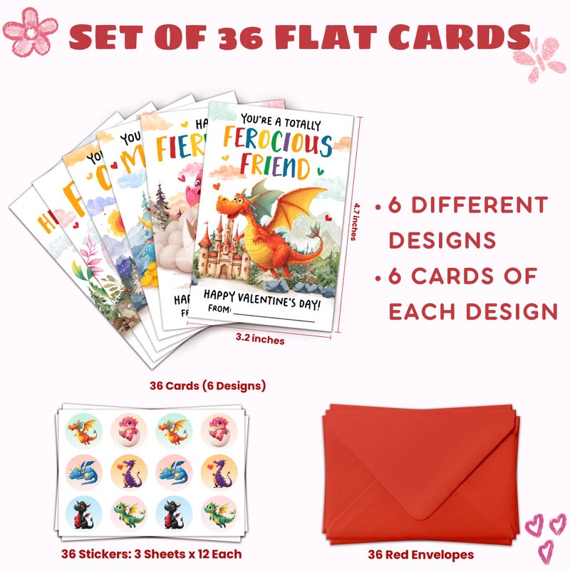 MAPDTWO 36 Packs Dragon Valentines Day Cards - Dragon Valentines Card for School Boys Girls Classroom Party Favors - Lizards 6 Designs Exchange, 3.2''x 4.7'' Cards & Stickers, Envelopes - Image 2