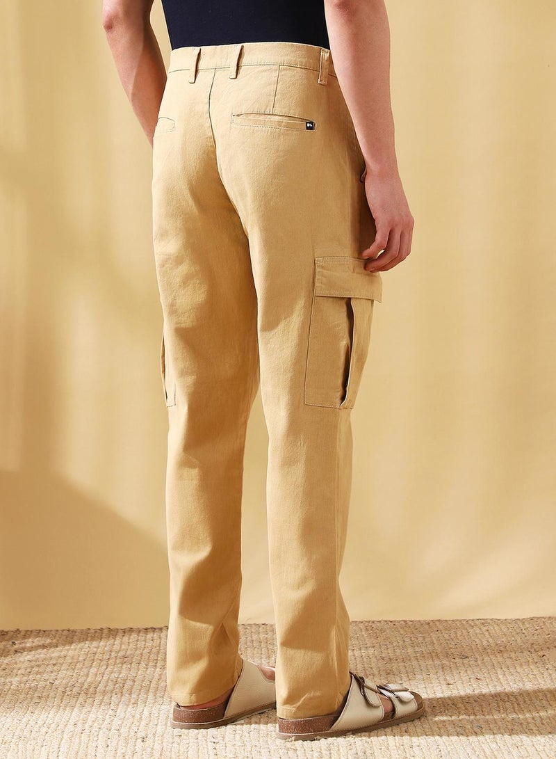 Dennis Lingo Men's Khaki Cotton Blend Solid Full Length Cargo Straight Trouser - Image 3