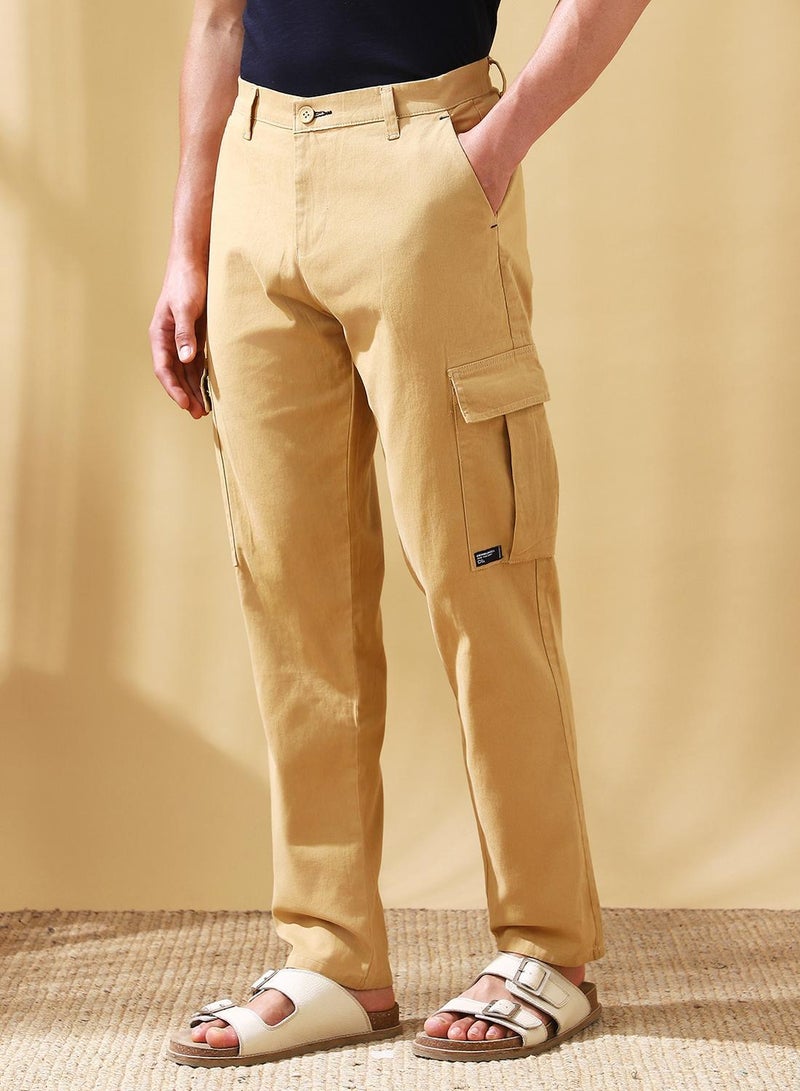 Dennis Lingo Men's Khaki Cotton Blend Solid Full Length Cargo Straight Trouser - Image 1