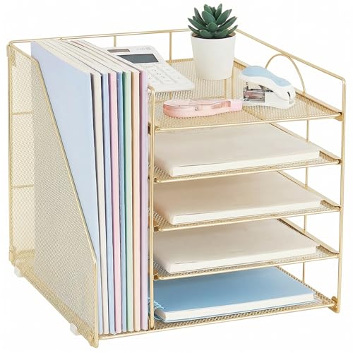 LEKETREE Desk Organizers and Accessories 5Tier Paper Letter Tray Organizer with File Holder Desktop Organizer for Office Supplies Gold - Image 1