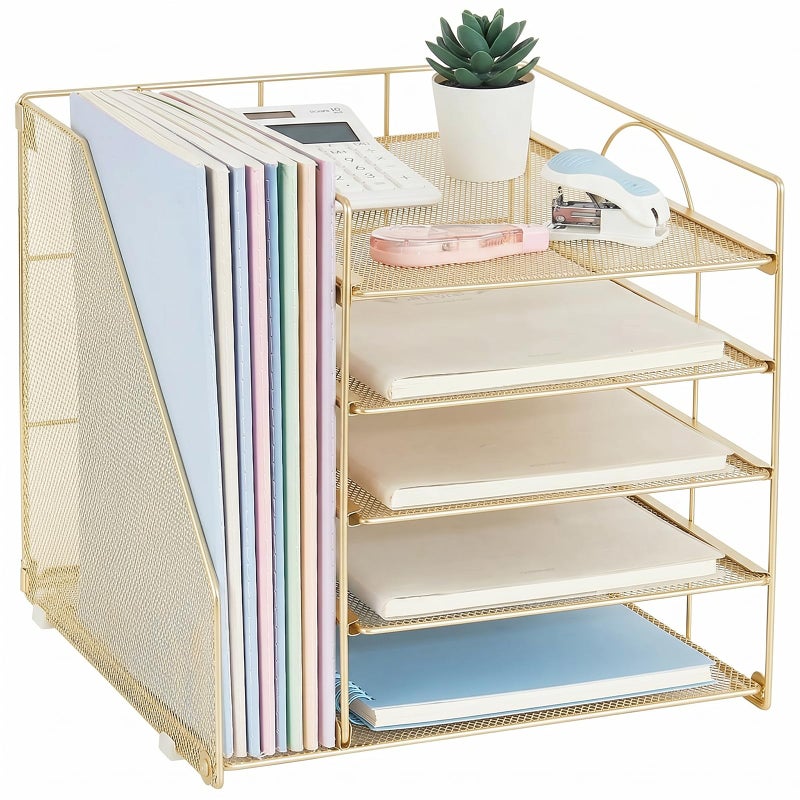 LEKETREE Desk Organizers and Accessories 5Tier Paper Letter Tray Organizer with File Holder Desktop Organizer for Office Supplies Gold - Image 2