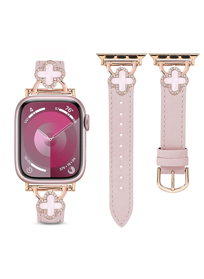 O Ozone Leather Band For Apple Watch Series 10 9 8 7 6 5 4 SE, 38/40/41/42mm Women Slim Thin Dressy Diamond Strap Four Leaf Clover Bling Band- Light Pink - Image 1