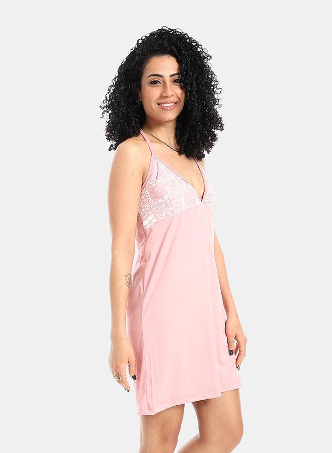 kady Pastel Pink Printed Sleepshirt With Spaghetti Straps - Image 2