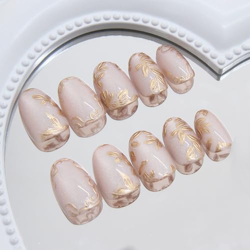 FFZDENA 24-Piece Nail Extension, Press On Nails with 3D Gold Foil Flowers, Short Oval Cat Eye False Nails, Easy to Apply, Reusable Artificial Nails for Women, Perfect for Dailys Wear and Special Occasions - Image 4