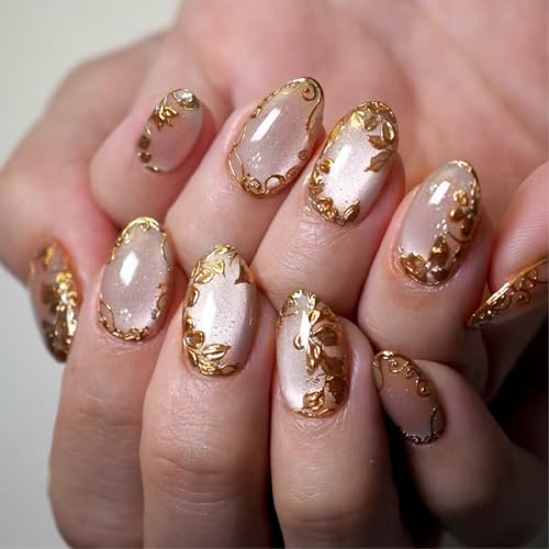 FFZDENA 24-Piece Nail Extension, Press On Nails with 3D Gold Foil Flowers, Short Oval Cat Eye False Nails, Easy to Apply, Reusable Artificial Nails for Women, Perfect for Dailys Wear and Special Occasions - Image 1