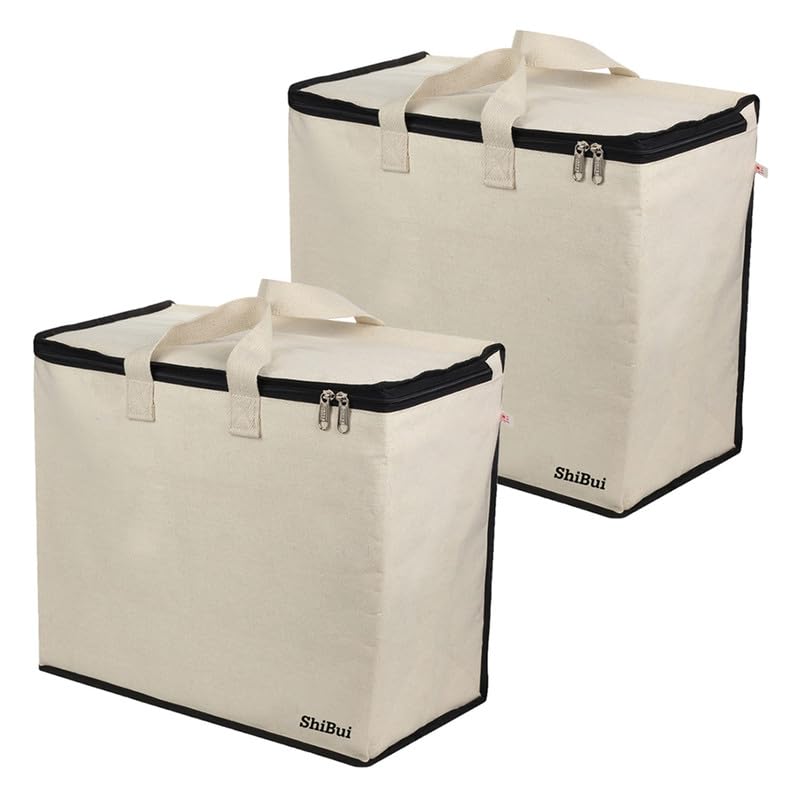 SHIBUI Canvas Reinforced Cotton Handles with Multipurpose Clothes Storage Organizer & Grocery vegetable shopping and Covers Zip Bags. (Black, Pack of 2) - Image 1