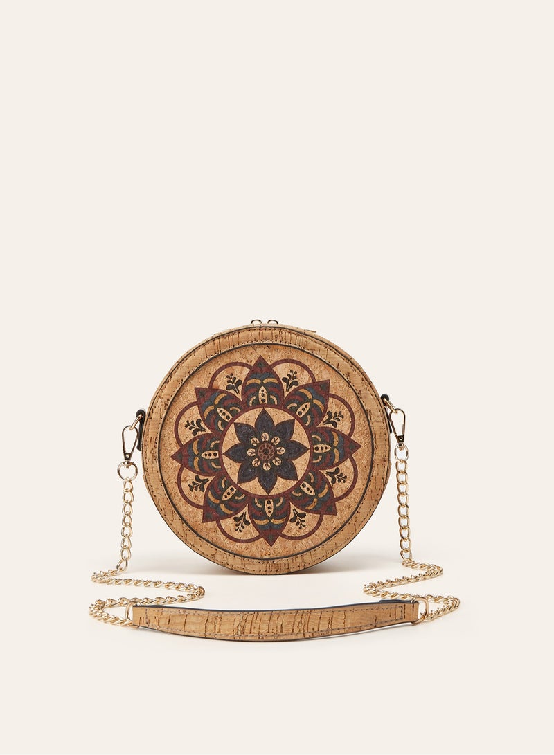 Women Bohemian Mandala Floral Print Round Crossbody Bag, Recycled Cork Circular Chain Shoulder Handbag - Image 1