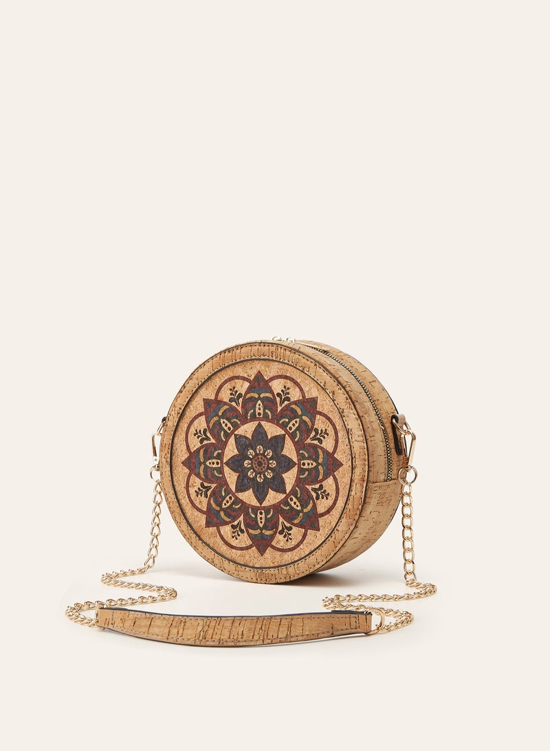 Women Bohemian Mandala Floral Print Round Crossbody Bag, Recycled Cork Circular Chain Shoulder Handbag - Image 2