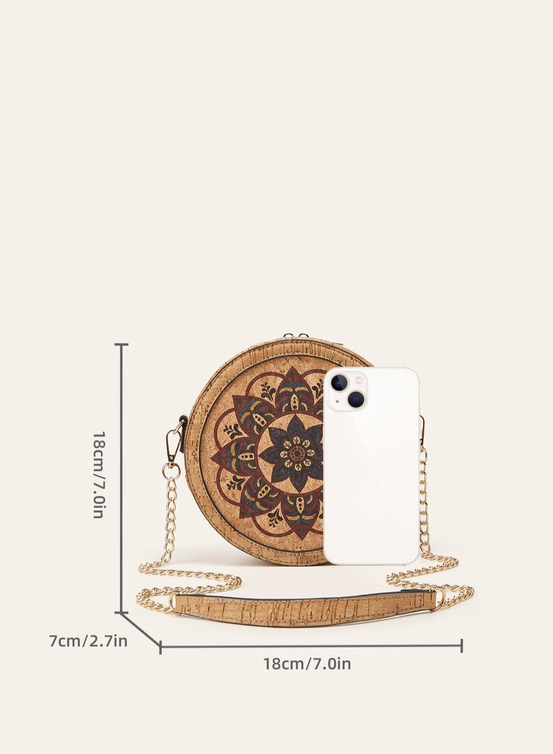 Women Bohemian Mandala Floral Print Round Crossbody Bag, Recycled Cork Circular Chain Shoulder Handbag - Image 3