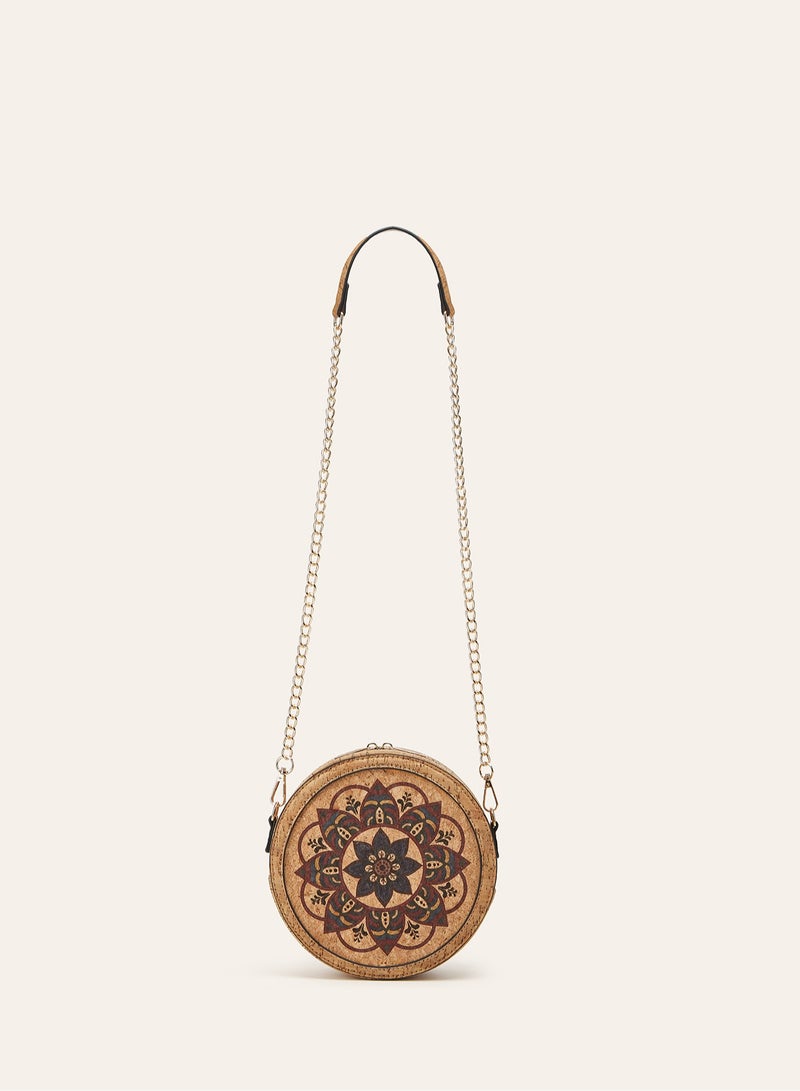 Women Bohemian Mandala Floral Print Round Crossbody Bag, Recycled Cork Circular Chain Shoulder Handbag - Image 4