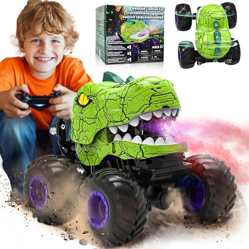 BEZGAR Monster Truck Toys Remote Control Monster Truck with Spray Light Music Dinosaur Toys for Kids 120 Scale RC Truck with 360 Spins and Drifting Remote Control Car for Boys 47 Green - Image 1