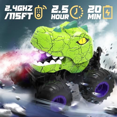 BEZGAR Monster Truck Toys Remote Control Monster Truck with Spray Light Music Dinosaur Toys for Kids 120 Scale RC Truck with 360 Spins and Drifting Remote Control Car for Boys 47 Green - Image 5