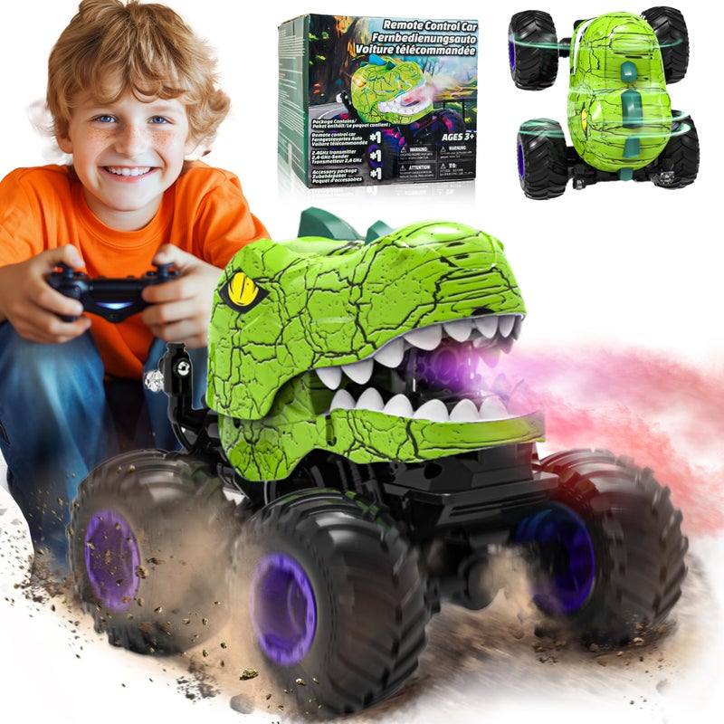 BEZGAR Monster Truck Toys Remote Control Monster Truck with Spray Light Music Dinosaur Toys for Kids 120 Scale RC Truck with 360 Spins and Drifting Remote Control Car for Boys 47 Green - Image 3