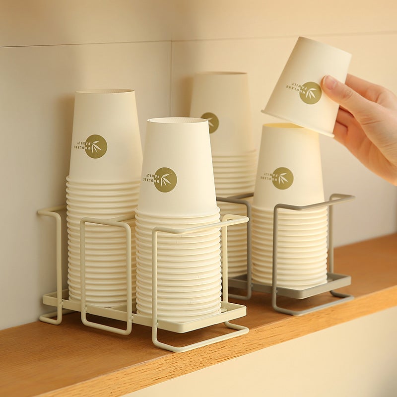 Japanese-style Paper Cup Holder Disposable Cup Taker Wrought Iron Cup Storage Rack Household Coffee Tea Cup Holder(Cream White) - Image 2