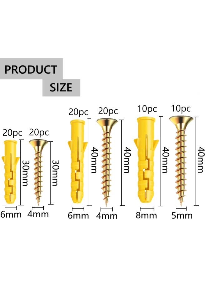 KNP 100 Pcs Screws and Wall Plugs Set, Masonry Brick Concrete Fixings, Zinc Galvanized, 3 Different Sizes, Yellow, Wall Anchors - Image 2