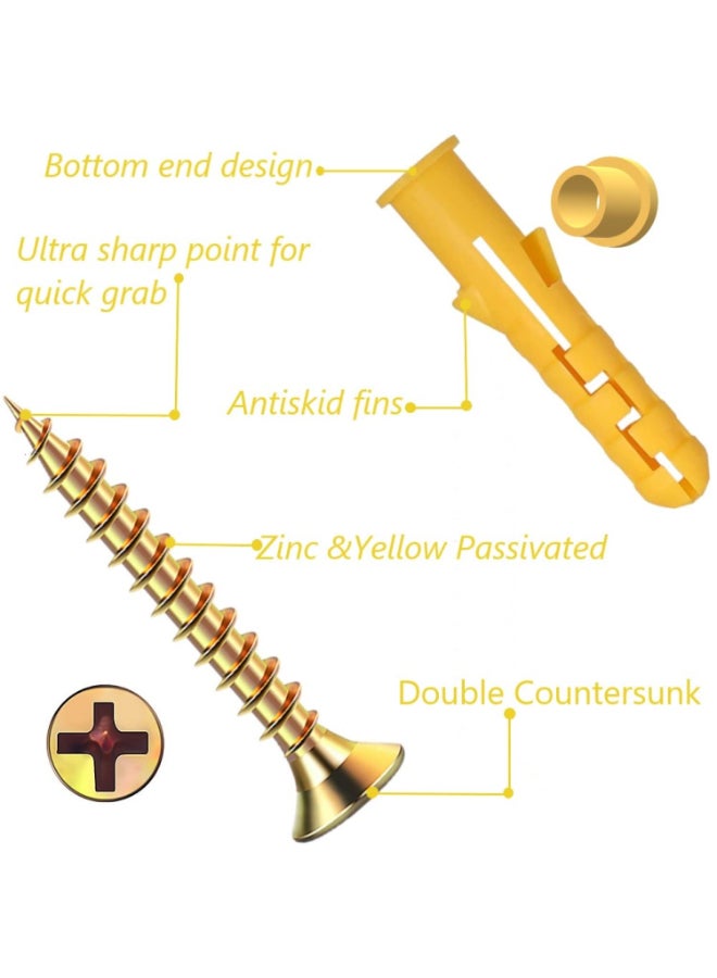KNP 100 Pcs Screws and Wall Plugs Set, Masonry Brick Concrete Fixings, Zinc Galvanized, 3 Different Sizes, Yellow, Wall Anchors - Image 3