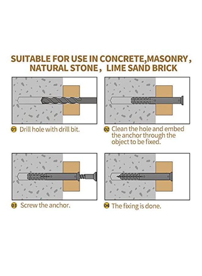 KNP 100 Pcs Screws and Wall Plugs Set, Masonry Brick Concrete Fixings, Zinc Galvanized, 3 Different Sizes, Yellow, Wall Anchors - Image 5
