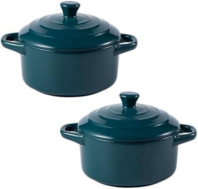 Mini Ceramic Casserole Pots Set of 2, Oven-Safe Soup Pots with Lids, Ideal for Soups, Stews, and Side Dishes (Green) - Image 1