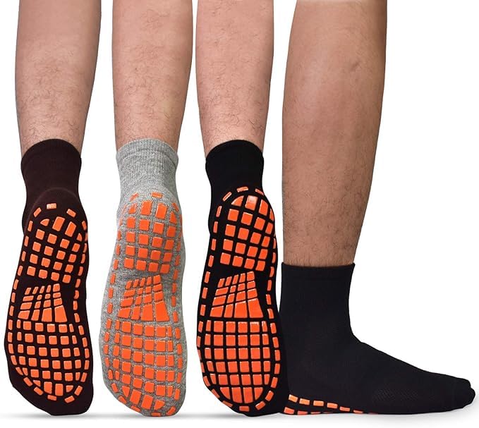 WKLOUYHE Non Slip Socks for Men House Socks with Grips 3 Pairs Anti-Skid Yoga Pilates Tile Wood Floors Hospital Slipper Sock_Free Size,Black,Grey And Coffee - Image 1