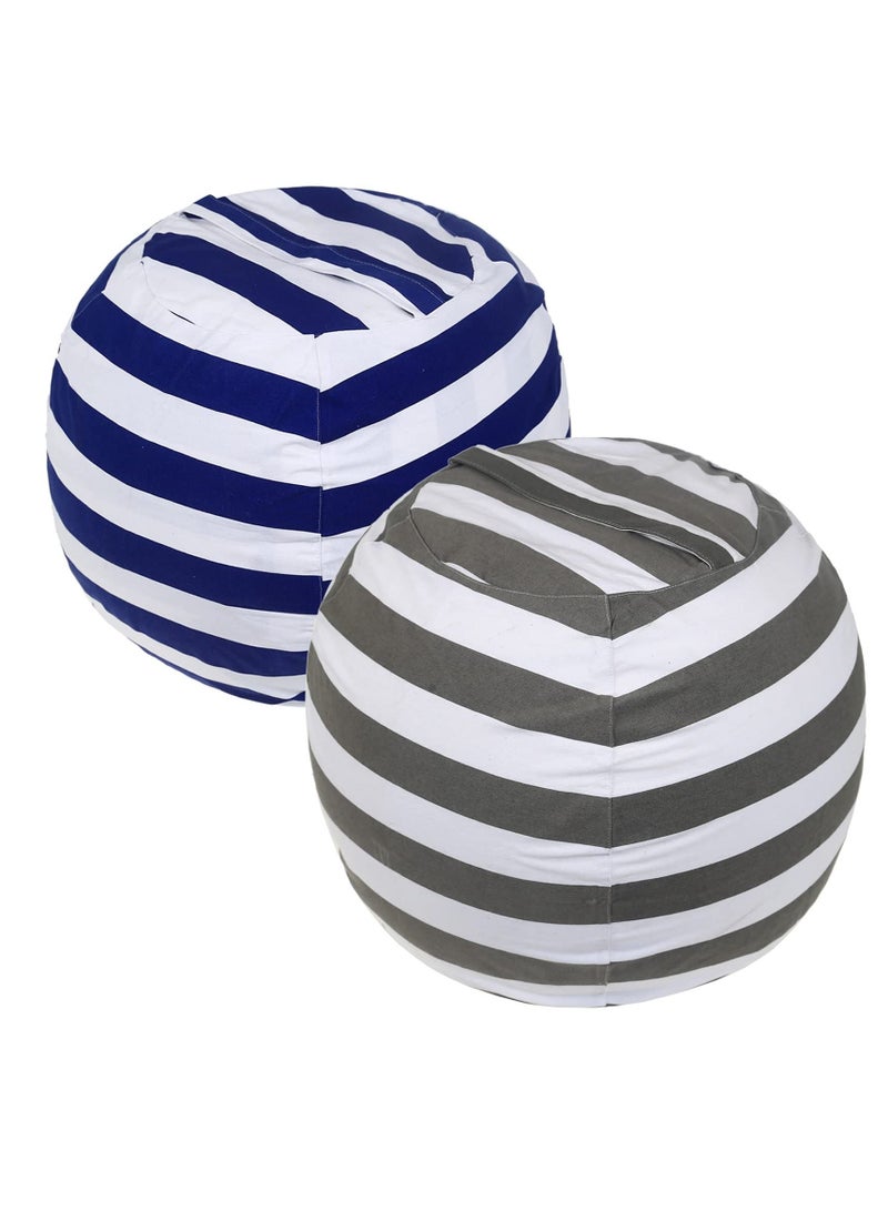 Stuffed Animal Storage Beanbag Cover,2 Packs Kids Animal Storage Bean Bag Cover, 24" Bean Bag Storage, for Kids and Teenager, Grey Blue White Stripes Cotton Canvas - Image 1