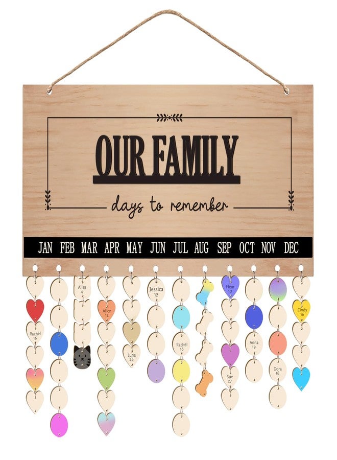 Longan Craft Family Birthday Calendar Board Wall Hanging with Tags, Family Birthday Plaque with Tag Wooden Memory Days Reminder Wall Hanging Home Décor Wood Anniversary Tracker with 104 Tags, Valentines Day - Image 1