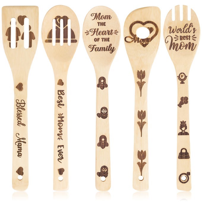 MOTHERS DAY WOODEN SPOONS UTENSILS 5PCS NONSTICK COOKING SPOON UTENSILS SET CARVE BURNED BAMBOO SPOONS SLOTTED SPATULA KITCHEN COOKWARE GADGET DECOR KIT MOTHERS DAY MOMS BIRTHDAY GIFT