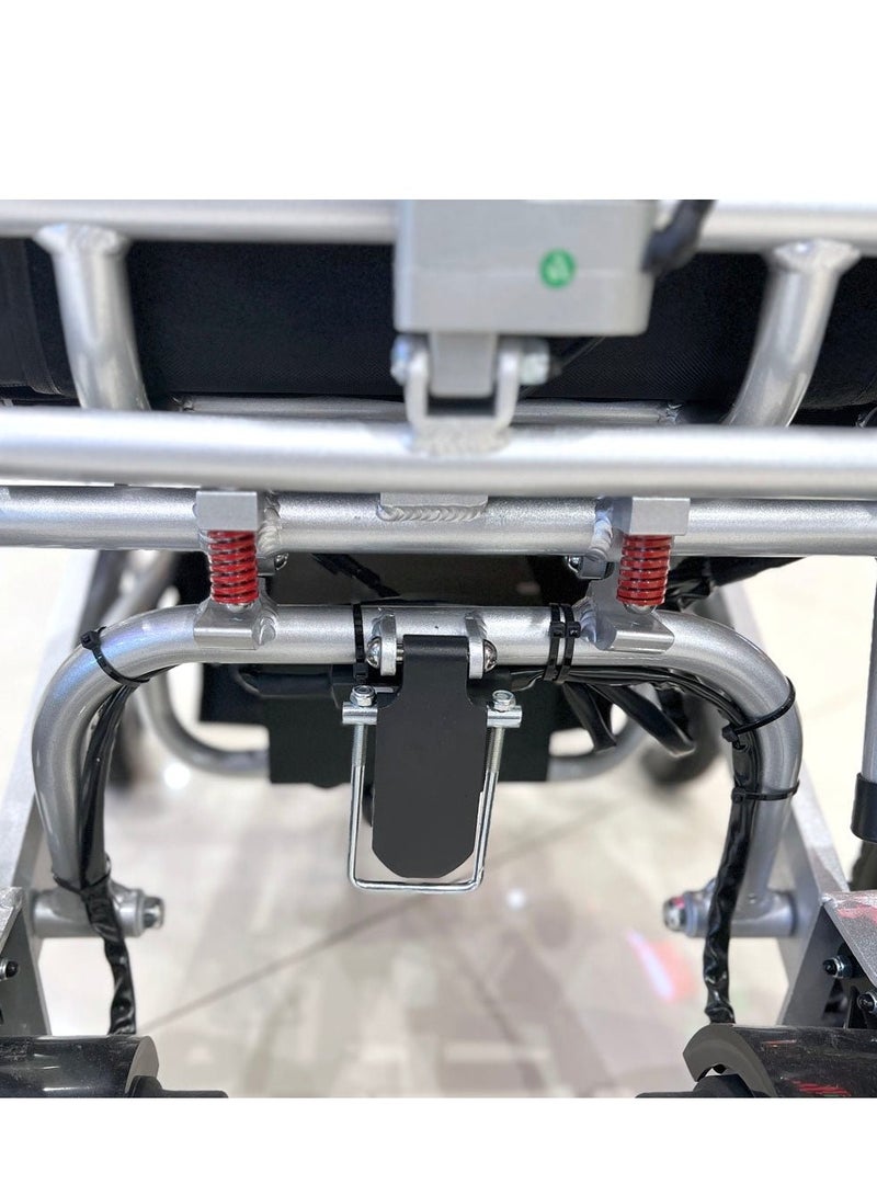 كروني كرسي متحرك كهربائي 6019 بظهر مرتفع وسطح مستوٍ، كرسي متحرك خفيف الوزن قابل للطي لجميع التضاريس للبالغين، مع جهاز تحكم عن بعد، محرك 500 واط، بطارية 24 فولت/12 أمبير/ساعة، مدى 15-25 كم، أقصى سرعة 5-6 كم/ساعة، فرامل كهربائية أوتوماتيكية، وظيفة إمالة، ممتص صدمات مدمج، مسند رأس قابل للتعديل، وحدة تحكم بعصا تحكم 360 درجة، سعة وزن 130 كجم، سهل الطي، محمول، ومثالي للسفر، مناسب لكبار السن، وسائد سهلة التنظيف، هيكل من سبائك الطائرات - Image 3