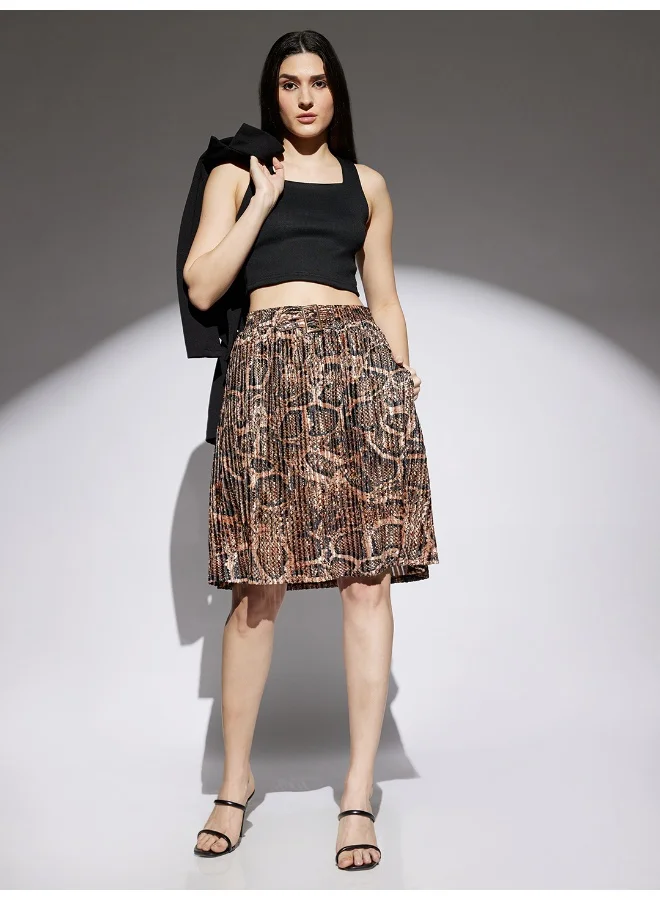 Women Gold Animal Print Accordion Pleated Mid Rise Flared Skirt