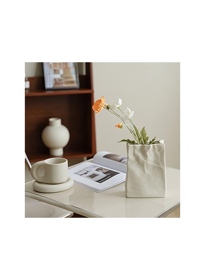 The Bros Crinkle Paper Bag Shape Ceramic Vase, Large Capacity for Flower Arrangement, Bookshelf Decorative  - Image 3