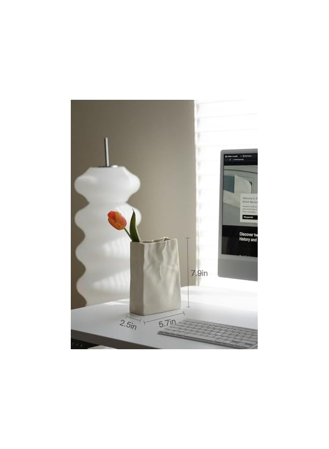 The Bros Crinkle Paper Bag Shape Ceramic Vase, Large Capacity for Flower Arrangement, Bookshelf Decorative  - Image 2