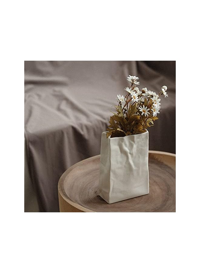 The Bros Crinkle Paper Bag Shape Ceramic Vase, Large Capacity for Flower Arrangement, Bookshelf Decorative  - Image 5