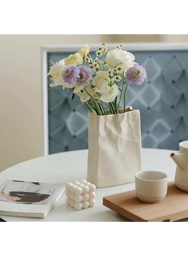 The Bros Crinkle Paper Bag Shape Ceramic Vase, Large Capacity for Flower Arrangement, Bookshelf Decorative  - Image 1